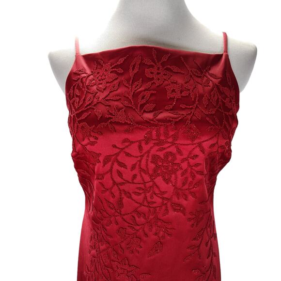 Vintage 90s Red Beaded Stretch Satin Formal Gown Square Neck Sz 10 - Picture 3 of 14